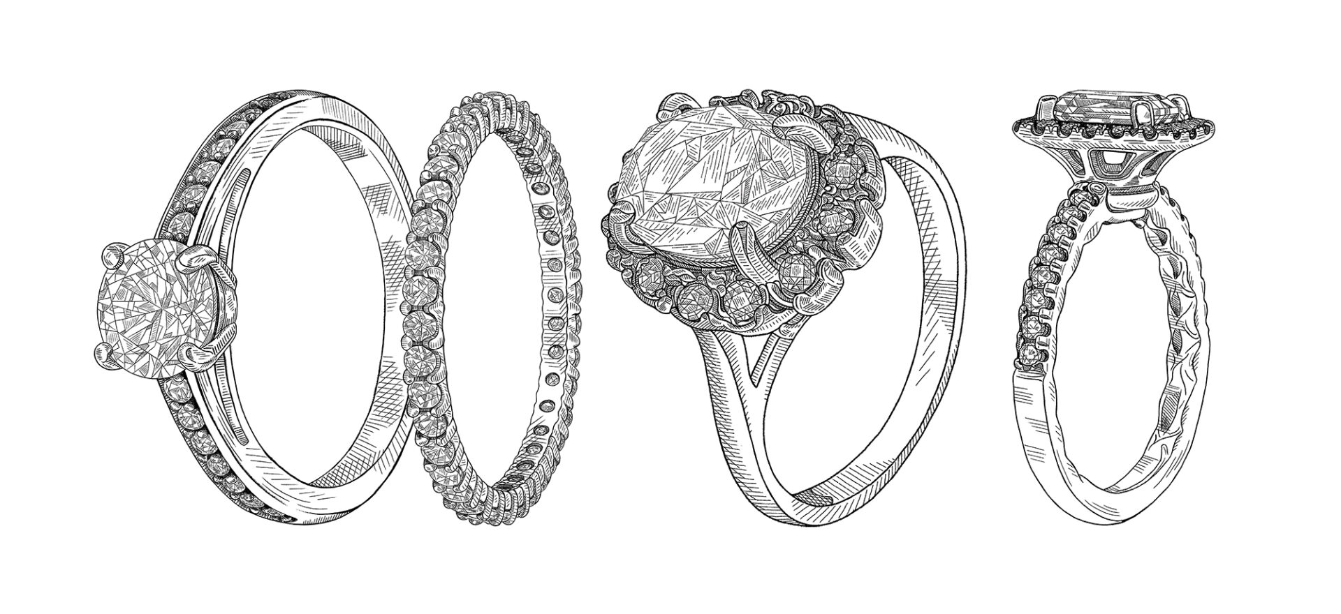 Jewellery. Hand drawn illustration of different wedding jewelry